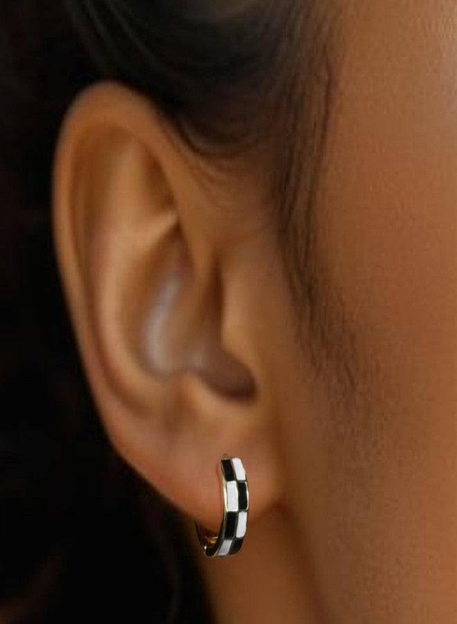 POYAMUSE Checkered Hoop Earrings for Women, Black White Checker Small Hoop Earrings Plated with 16K Gold for Women - Gold - Image 2